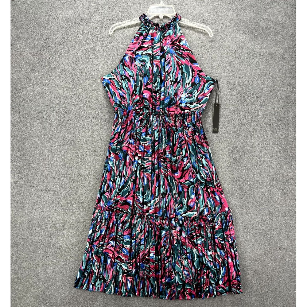 Nicole Miller Dress Women Large Pink Green Floral Halter‎ Sleeveless Pleated
